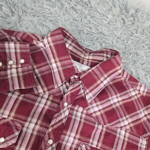 Wrangler Wrancher Western Shirt Mens XL Burgundy Plaid Pearl Snap Long Sleeve